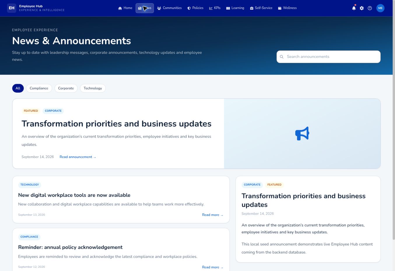 Intelligence Hub news and announcements page